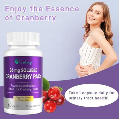 Kedicy Cranberry Kapseln für Frauen – 36 mg lösliche PACs aus ganzen New England Cranberries – Unterstützung der Harnwegsgesundheit & UTI-Abwehr – 60 Kapseln