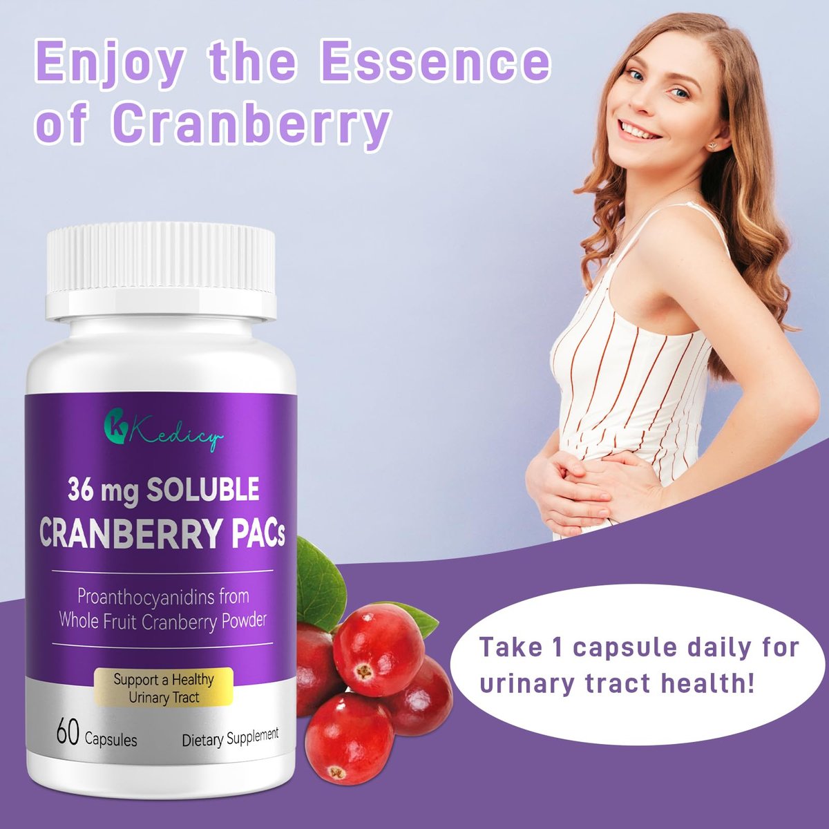 Kedicy Cranberry Kapseln für Frauen – 36 mg lösliche PACs aus ganzen New England Cranberries – Unterstützung der Harnwegsgesundheit & UTI-Abwehr – 60 Kapseln