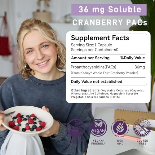 Kedicy Cranberry Kapseln für Frauen – 36 mg lösliche PACs aus ganzen New England Cranberries – Unterstützung der Harnwegsgesundheit & UTI-Abwehr – 60 Kapseln