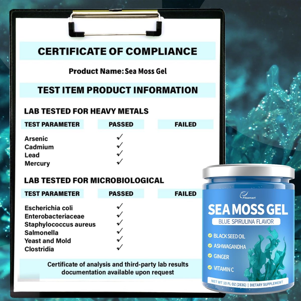 Fleamart Sea Moss Gel mit Blauer Spirulina, Schwarzkümmelöl, Ashwagandha, Ingwer und Vitamin C – Vegane Superfood-Nahrungsergänzung, 296 ml