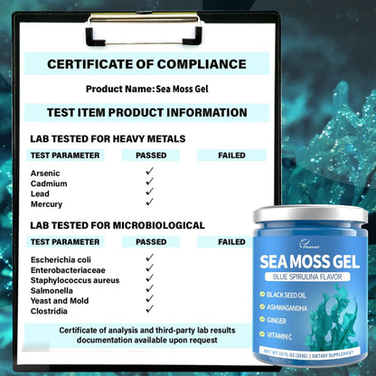Fleamart Sea Moss Gel mit Blauer Spirulina, Schwarzkümmelöl, Ashwagandha, Ingwer und Vitamin C – Vegane Superfood-Nahrungsergänzung, 296 ml