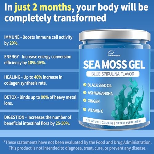 Fleamart Sea Moss Gel mit Blauer Spirulina, Schwarzkümmelöl, Ashwagandha, Ingwer und Vitamin C – Vegane Superfood-Nahrungsergänzung, 296 ml