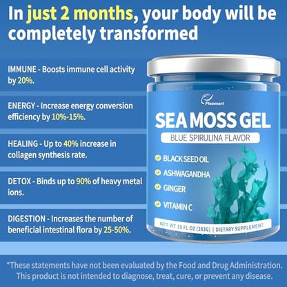 Fleamart Sea Moss Gel mit Blauer Spirulina, Schwarzkümmelöl, Ashwagandha, Ingwer und Vitamin C – Vegane Superfood-Nahrungsergänzung, 296 ml