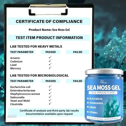 Fleamart Sea Moss Gel mit Blauer Spirulina, Schwarzkümmelöl, Ashwagandha, Ingwer und Vitamin C – Vegane Superfood-Nahrungsergänzung, 296 ml