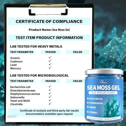 Fleamart Sea Moss Gel mit Blauer Spirulina, Schwarzkümmelöl, Ashwagandha, Ingwer und Vitamin C – Vegane Superfood-Nahrungsergänzung, 296 ml