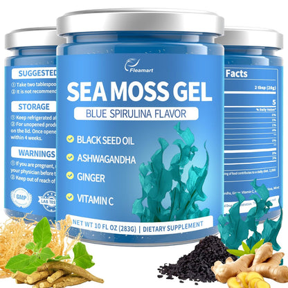 Fleamart Sea Moss Gel mit Blauer Spirulina, Schwarzkümmelöl, Ashwagandha, Ingwer und Vitamin C – Vegane Superfood-Nahrungsergänzung, 296 ml