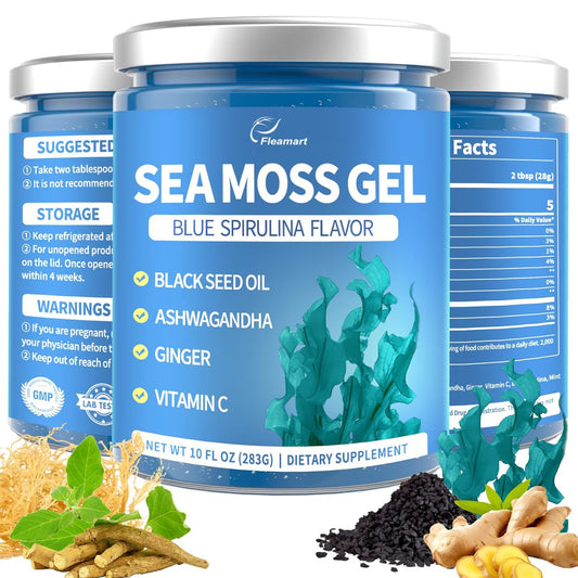 Fleamart Sea Moss Gel mit Blauer Spirulina, Schwarzkümmelöl, Ashwagandha, Ingwer und Vitamin C – Vegane Superfood-Nahrungsergänzung, 296 ml