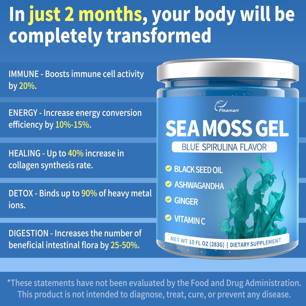 Fleamart Sea Moss Gel mit Blauer Spirulina, Schwarzkümmelöl, Ashwagandha, Ingwer und Vitamin C – Vegane Superfood-Nahrungsergänzung, 296 ml