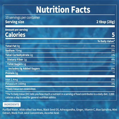 Fleamart Sea Moss Gel mit Blauer Spirulina, Schwarzkümmelöl, Ashwagandha, Ingwer und Vitamin C – Vegane Superfood-Nahrungsergänzung, 296 ml