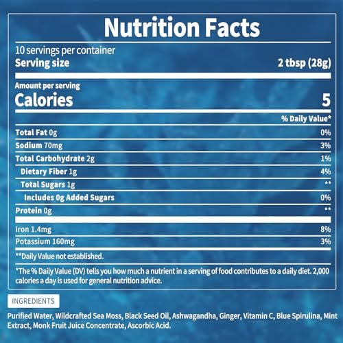 Fleamart Sea Moss Gel mit Blauer Spirulina, Schwarzkümmelöl, Ashwagandha, Ingwer und Vitamin C – Vegane Superfood-Nahrungsergänzung, 296 ml