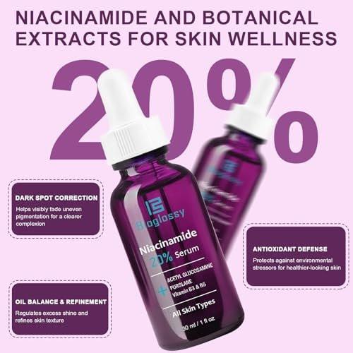 Bioglossy 20% Niacinamid Serum für das Gesicht – Konzentriertes Vitamin B3 & B5 Serum, Feuchtigkeitsspender, Porenverfeinerer, Anti-Aging Behandlung gegen Verfärbungen