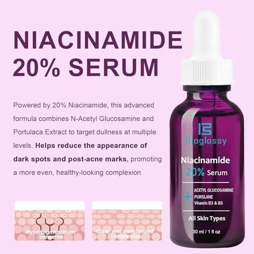 Bioglossy 20% Niacinamid Serum für das Gesicht – Konzentriertes Vitamin B3 & B5 Serum, Feuchtigkeitsspender, Porenverfeinerer, Anti-Aging Behandlung gegen Verfärbungen
