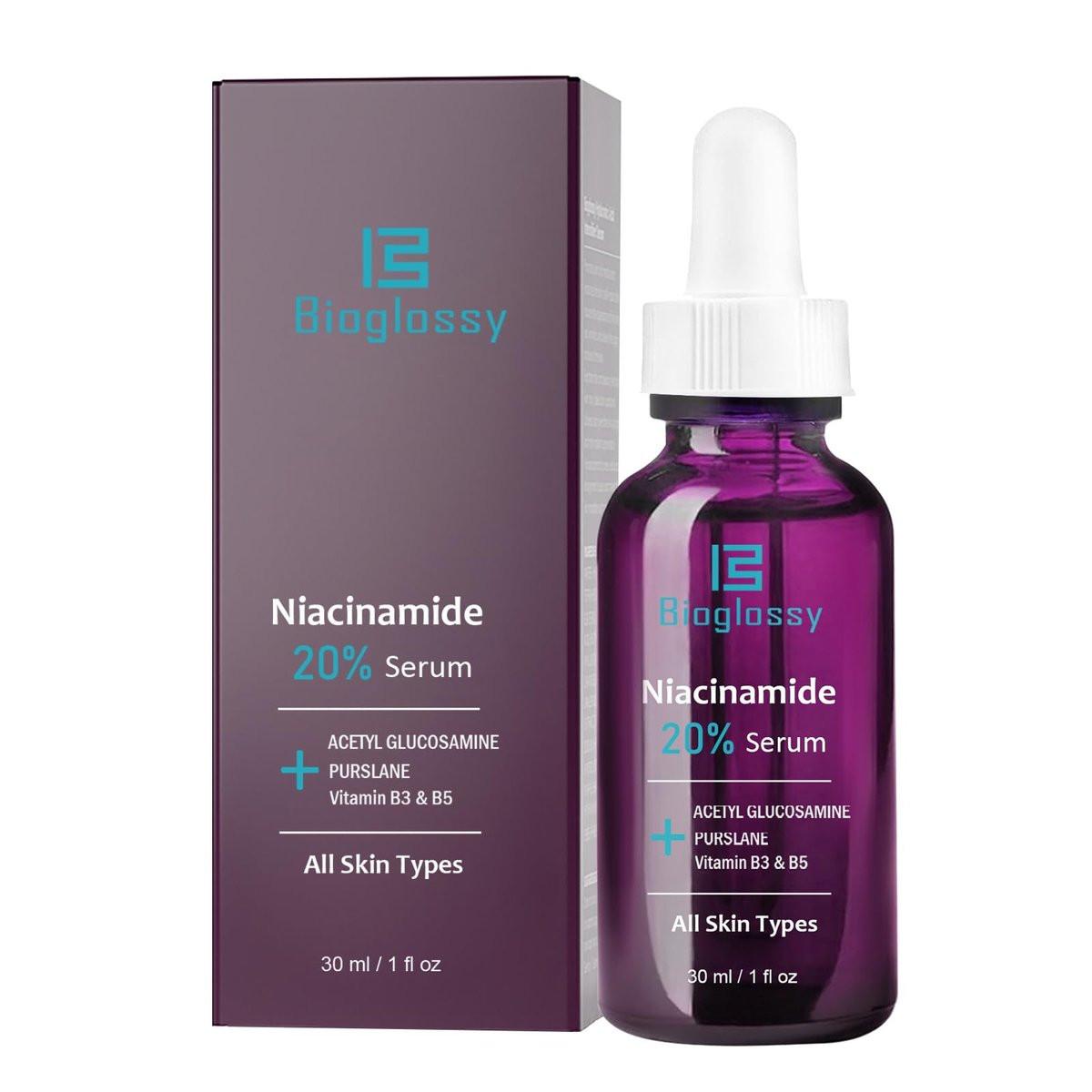 Bioglossy 20% Niacinamid Serum für das Gesicht – Konzentriertes Vitamin B3 & B5 Serum, Feuchtigkeitsspender, Porenverfeinerer, Anti-Aging Behandlung gegen Verfärbungen