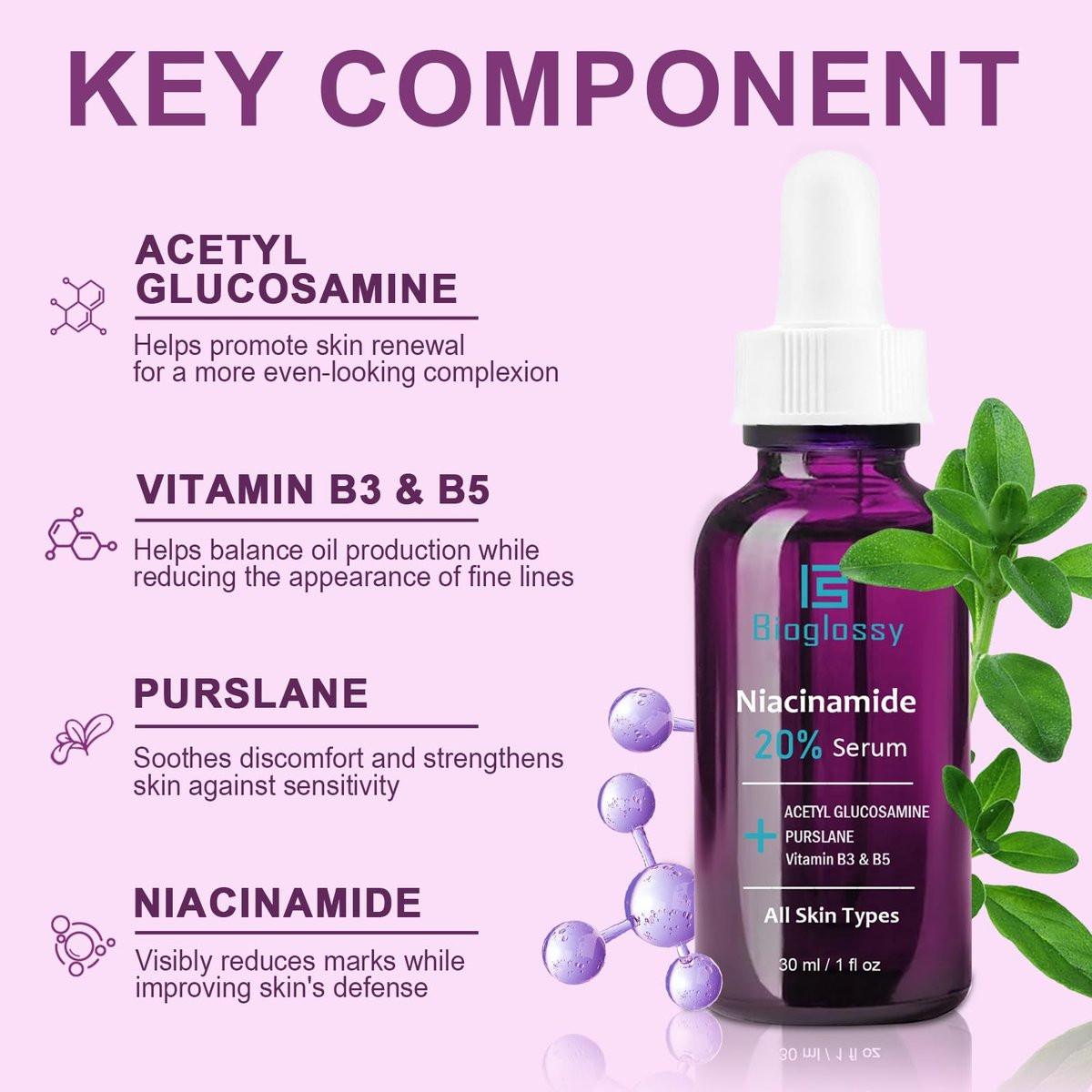 Bioglossy 20% Niacinamid Serum für das Gesicht – Konzentriertes Vitamin B3 & B5 Serum, Feuchtigkeitsspender, Porenverfeinerer, Anti-Aging Behandlung gegen Verfärbungen
