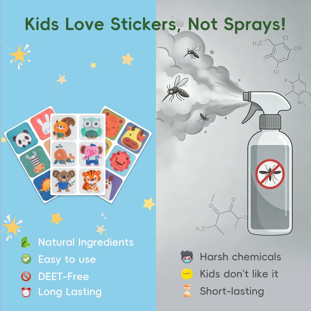 BuggyBands 360er-Pack Mückensticker für Kinder, mit 6 Mückenarmbändern, Insektenschutz-Sticker natürlich, DEET-frei, pflanzliche Inhaltsstoffe, Mückenpflaster für Outdoor und Camping