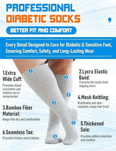 Orthostride Breite Diabetikersocken für Damen und Herren, Übergröße, Extra Lange Ödemsocken mit Verdickter Sohle, Nicht-Einengende Lockere Passform für Geschwollene Füße, Lymphödem, Neuropathie - 2 Paar Schwarz