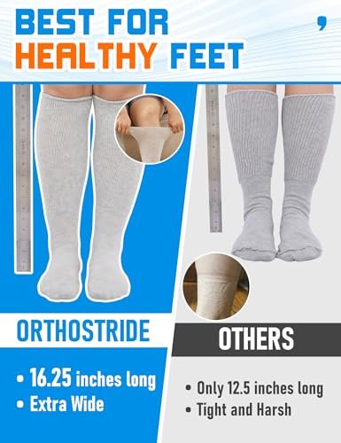 Orthostride Breite Diabetikersocken für Damen und Herren, Übergröße, Extra Lange Ödemsocken mit Verdickter Sohle, Nicht-Einengende Lockere Passform für Geschwollene Füße, Lymphödem, Neuropathie - 2 Paar Schwarz