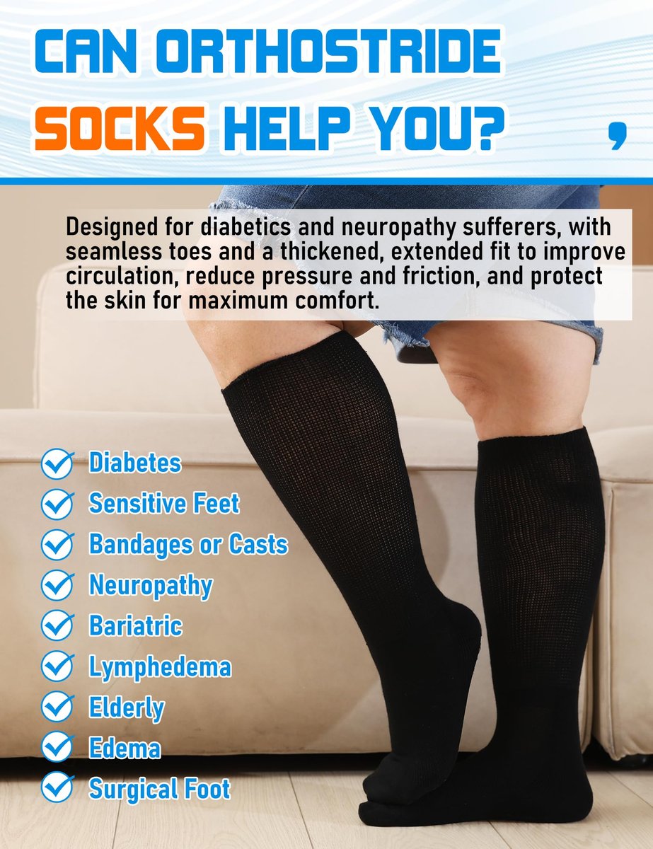 Orthostride Breite Diabetikersocken für Damen und Herren, Übergröße, Extra Lange Ödemsocken mit Verdickter Sohle, Nicht-Einengende Lockere Passform für Geschwollene Füße, Lymphödem, Neuropathie - 2 Paar Schwarz