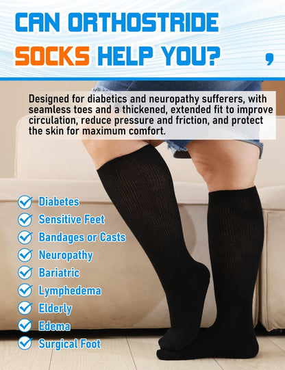 Orthostride Breite Diabetikersocken für Damen und Herren, Übergröße, Extra Lange Ödemsocken mit Verdickter Sohle, Nicht-Einengende Lockere Passform für Geschwollene Füße, Lymphödem, Neuropathie - 2 Paar Schwarz