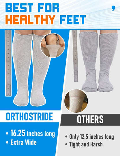 Orthostride Breite Diabetikersocken für Damen und Herren, Übergröße, Extra Lange Ödemsocken mit Verdickter Sohle, Nicht-Einengende Lockere Passform für Geschwollene Füße, Lymphödem, Neuropathie - 2 Paar Schwarz