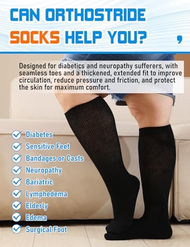 Orthostride Breite Diabetikersocken für Damen und Herren, Übergröße, Extra Lange Ödemsocken mit Verdickter Sohle, Nicht-Einengende Lockere Passform für Geschwollene Füße, Lymphödem, Neuropathie - 2 Paar Schwarz