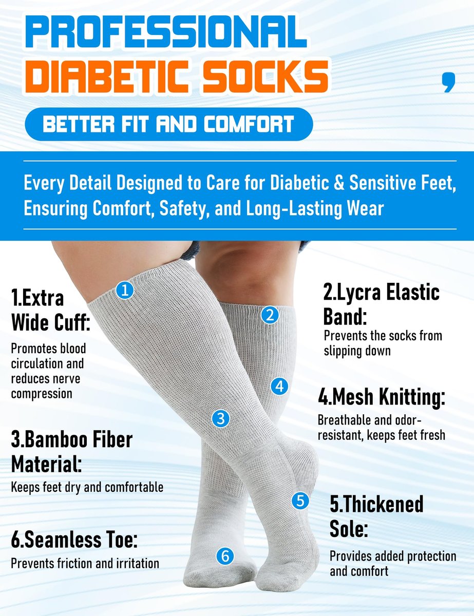 Orthostride Breite Diabetikersocken für Damen und Herren, Übergröße, Extra Lange Ödemsocken mit Verdickter Sohle, Nicht-Einengende Lockere Passform für Geschwollene Füße, Lymphödem, Neuropathie - 2 Paar Schwarz