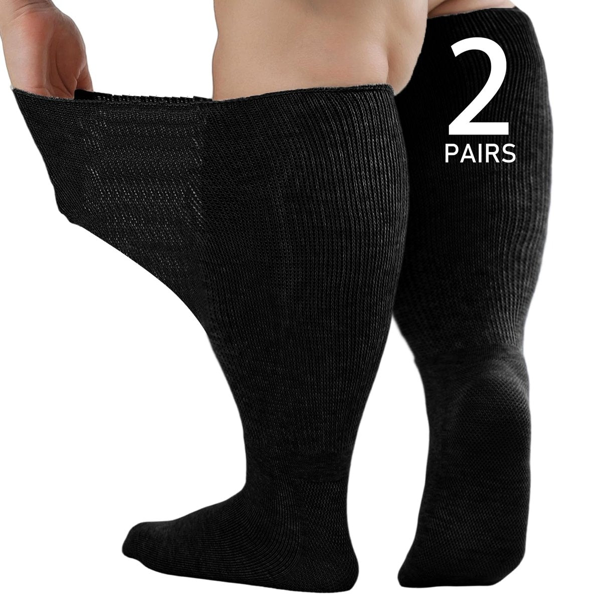 Orthostride Breite Diabetikersocken für Damen und Herren, Übergröße, Extra Lange Ödemsocken mit Verdickter Sohle, Nicht-Einengende Lockere Passform für Geschwollene Füße, Lymphödem, Neuropathie - 2 Paar Schwarz