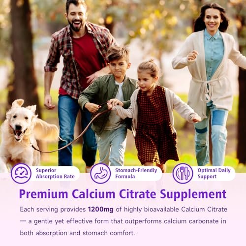 BVIVLOO Calcium Citrate Gummies 1200mg – Hochdosiertes Calcium für Knochen & Zähne, vegan, zuckerfrei, Himbeergeschmack, 60 Stück