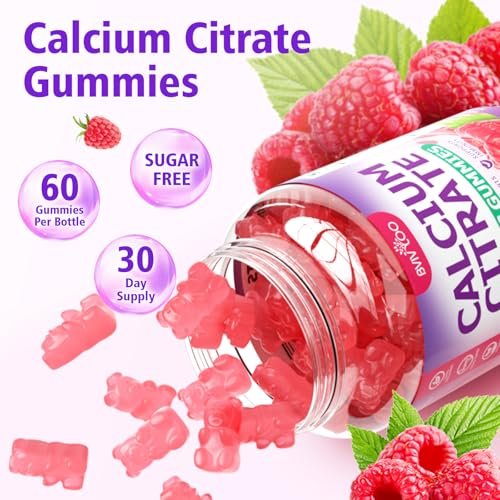 BVIVLOO Calcium Citrate Gummies 1200mg – Hochdosiertes Calcium für Knochen & Zähne, vegan, zuckerfrei, Himbeergeschmack, 60 Stück