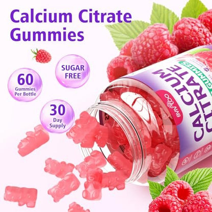 BVIVLOO Calcium Citrate Gummies 1200mg – Hochdosiertes Calcium für Knochen & Zähne, vegan, zuckerfrei, Himbeergeschmack, 60 Stück