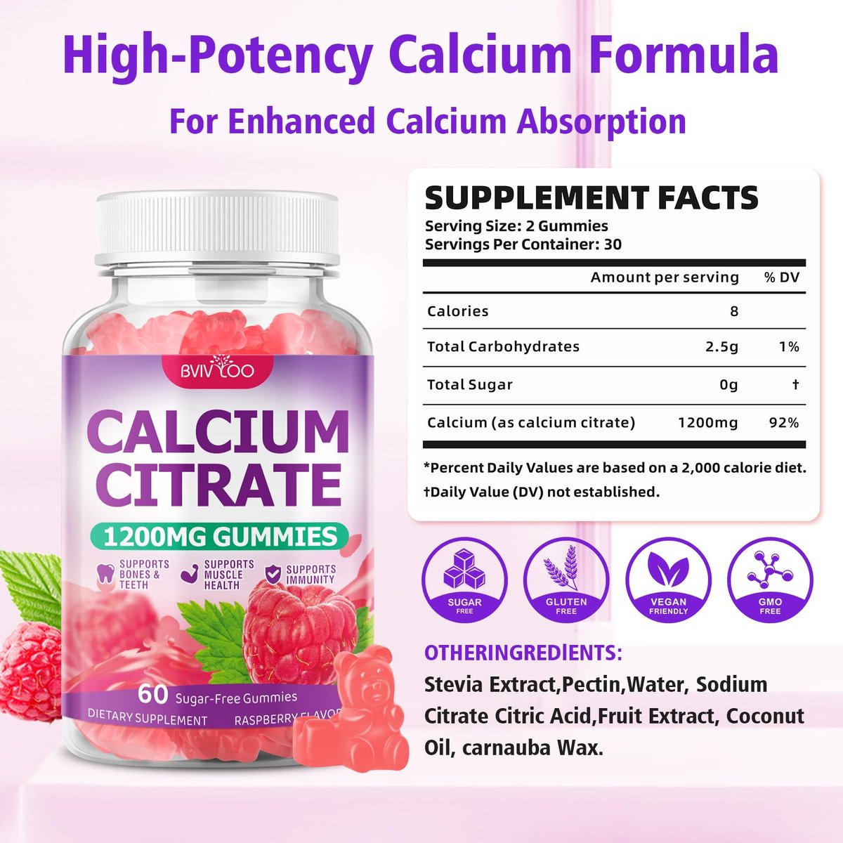 BVIVLOO Calcium Citrate Gummies 1200mg – Hochdosiertes Calcium für Knochen & Zähne, vegan, zuckerfrei, Himbeergeschmack, 60 Stück