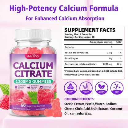 BVIVLOO Calcium Citrate Gummies 1200mg – Hochdosiertes Calcium für Knochen & Zähne, vegan, zuckerfrei, Himbeergeschmack, 60 Stück