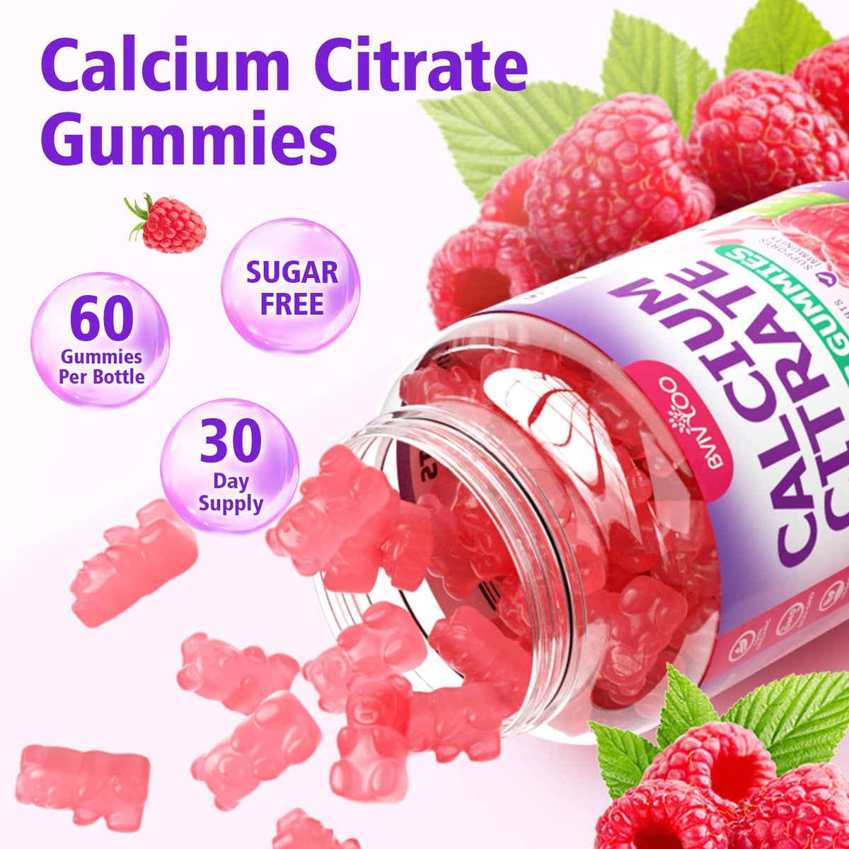 BVIVLOO Calcium Citrate Gummies 1200mg – Hochdosiertes Calcium für Knochen & Zähne, vegan, zuckerfrei, Himbeergeschmack, 60 Stück
