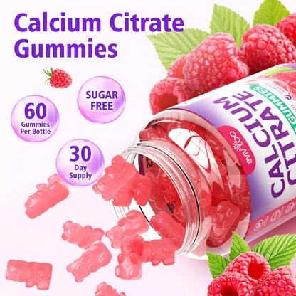 BVIVLOO Calcium Citrate Gummies 1200mg – Hochdosiertes Calcium für Knochen & Zähne, vegan, zuckerfrei, Himbeergeschmack, 60 Stück