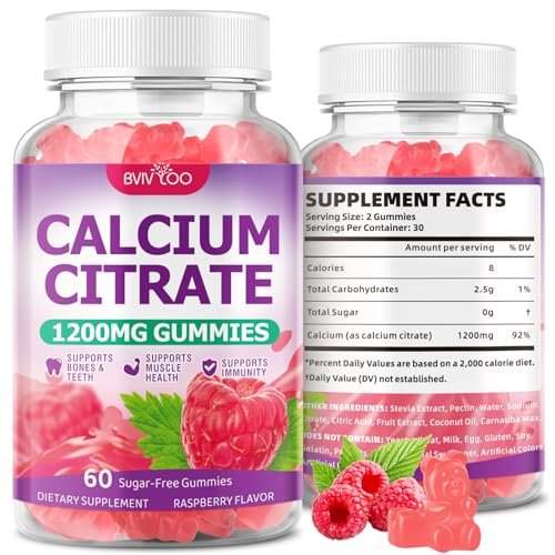 BVIVLOO Calcium Citrate Gummies 1200mg – Hochdosiertes Calcium für Knochen & Zähne, vegan, zuckerfrei, Himbeergeschmack, 60 Stück