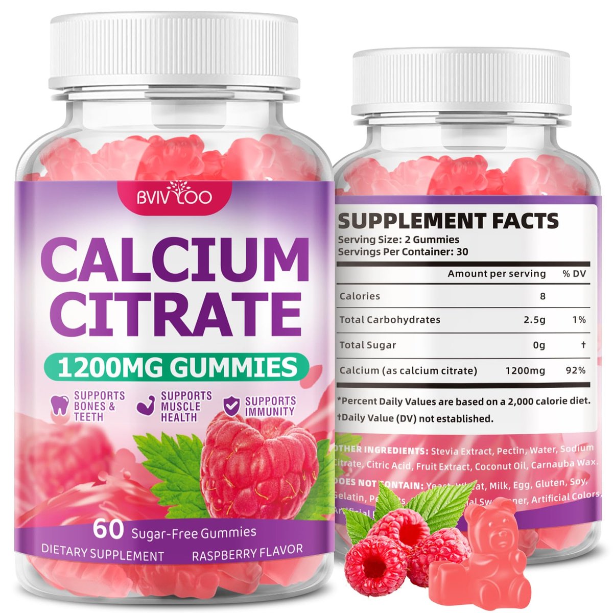 BVIVLOO Calcium Citrate Gummies 1200mg – Hochdosiertes Calcium für Knochen & Zähne, vegan, zuckerfrei, Himbeergeschmack, 60 Stück