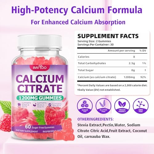 BVIVLOO Calcium Citrate Gummies 1200mg – Hochdosiertes Calcium für Knochen & Zähne, vegan, zuckerfrei, Himbeergeschmack, 60 Stück