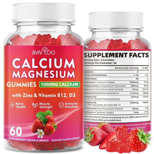 BVIVLOO Calcium Gummies 1000mg mit Vitamin D3 K2 & B-Komplex, Kalium, Calcium Magnesium Zink Gummies für Knochen, Muskeln, Stimmung und Immunsystem - Vegan, Nicht-GVO, Erdbeergeschmack 60 Stück
