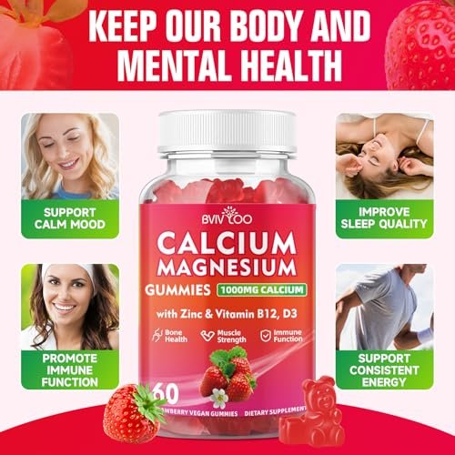 BVIVLOO Calcium Gummies 1000mg mit Vitamin D3 K2 & B-Komplex, Kalium, Calcium Magnesium Zink Gummies für Knochen, Muskeln, Stimmung und Immunsystem - Vegan, Nicht-GVO, Erdbeergeschmack 60 Stück
