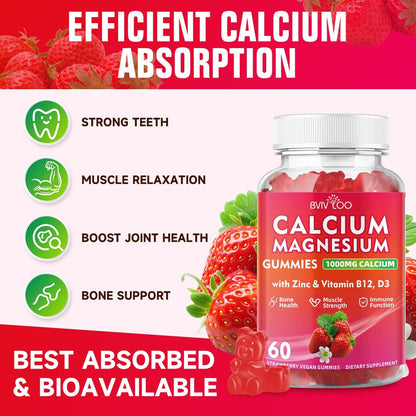 BVIVLOO Calcium Gummies 1000mg mit Vitamin D3 K2 & B-Komplex, Kalium, Calcium Magnesium Zink Gummies für Knochen, Muskeln, Stimmung und Immunsystem - Vegan, Nicht-GVO, Erdbeergeschmack 60 Stück