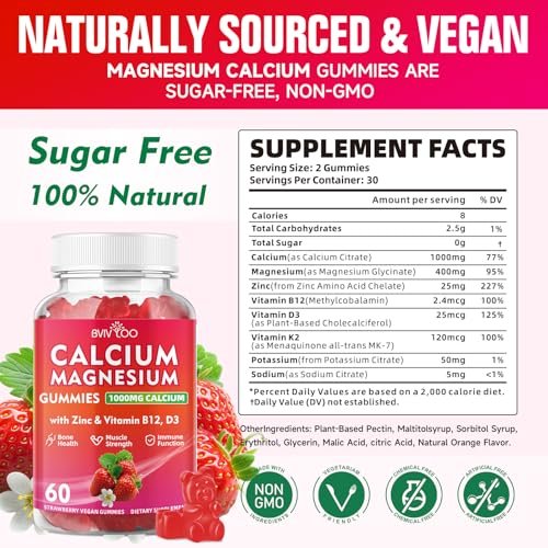 BVIVLOO Calcium Gummies 1000mg mit Vitamin D3 K2 & B-Komplex, Kalium, Calcium Magnesium Zink Gummies für Knochen, Muskeln, Stimmung und Immunsystem - Vegan, Nicht-GVO, Erdbeergeschmack 60 Stück