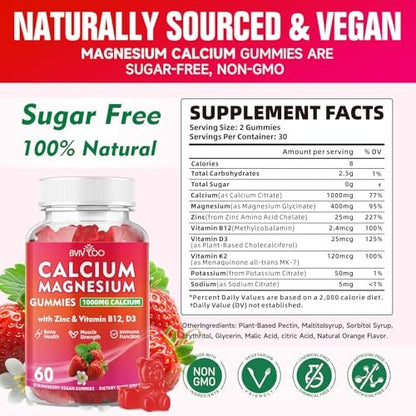 BVIVLOO Calcium Gummies 1000mg mit Vitamin D3 K2 & B-Komplex, Kalium, Calcium Magnesium Zink Gummies für Knochen, Muskeln, Stimmung und Immunsystem - Vegan, Nicht-GVO, Erdbeergeschmack 60 Stück