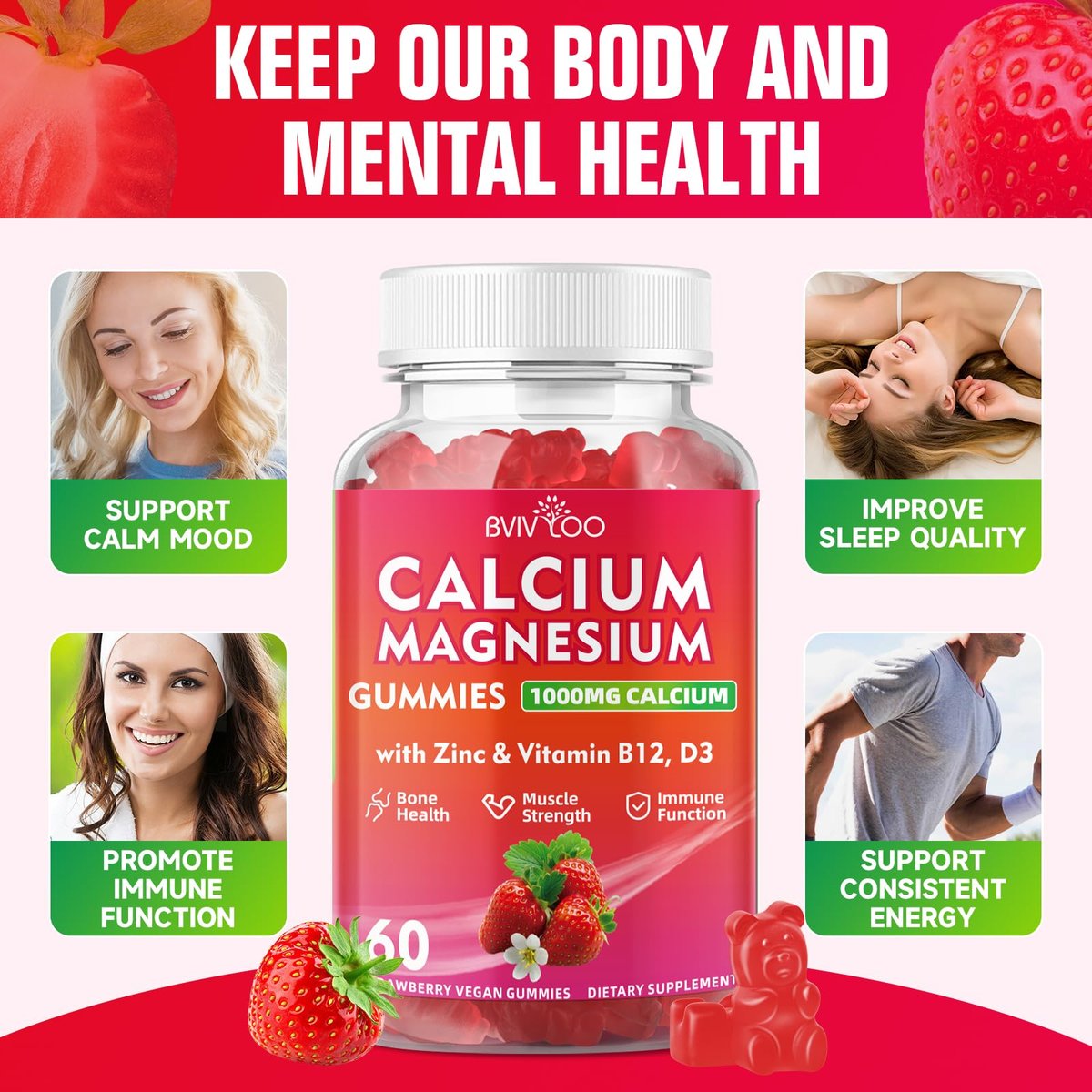 BVIVLOO Calcium Gummies 1000mg mit Vitamin D3 K2 & B-Komplex, Kalium, Calcium Magnesium Zink Gummies für Knochen, Muskeln, Stimmung und Immunsystem - Vegan, Nicht-GVO, Erdbeergeschmack 60 Stück