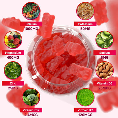 BVIVLOO Calcium Gummies 1000mg mit Vitamin D3 K2 & B-Komplex, Kalium, Calcium Magnesium Zink Gummies für Knochen, Muskeln, Stimmung und Immunsystem - Vegan, Nicht-GVO, Erdbeergeschmack 60 Stück