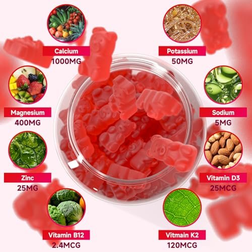 BVIVLOO Calcium Gummies 1000mg mit Vitamin D3 K2 & B-Komplex, Kalium, Calcium Magnesium Zink Gummies für Knochen, Muskeln, Stimmung und Immunsystem - Vegan, Nicht-GVO, Erdbeergeschmack 60 Stück