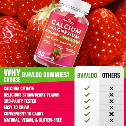BVIVLOO Calcium Gummies 1000mg mit Vitamin D3 K2 & B-Komplex, Kalium, Calcium Magnesium Zink Gummies für Knochen, Muskeln, Stimmung und Immunsystem - Vegan, Nicht-GVO, Erdbeergeschmack 60 Stück
