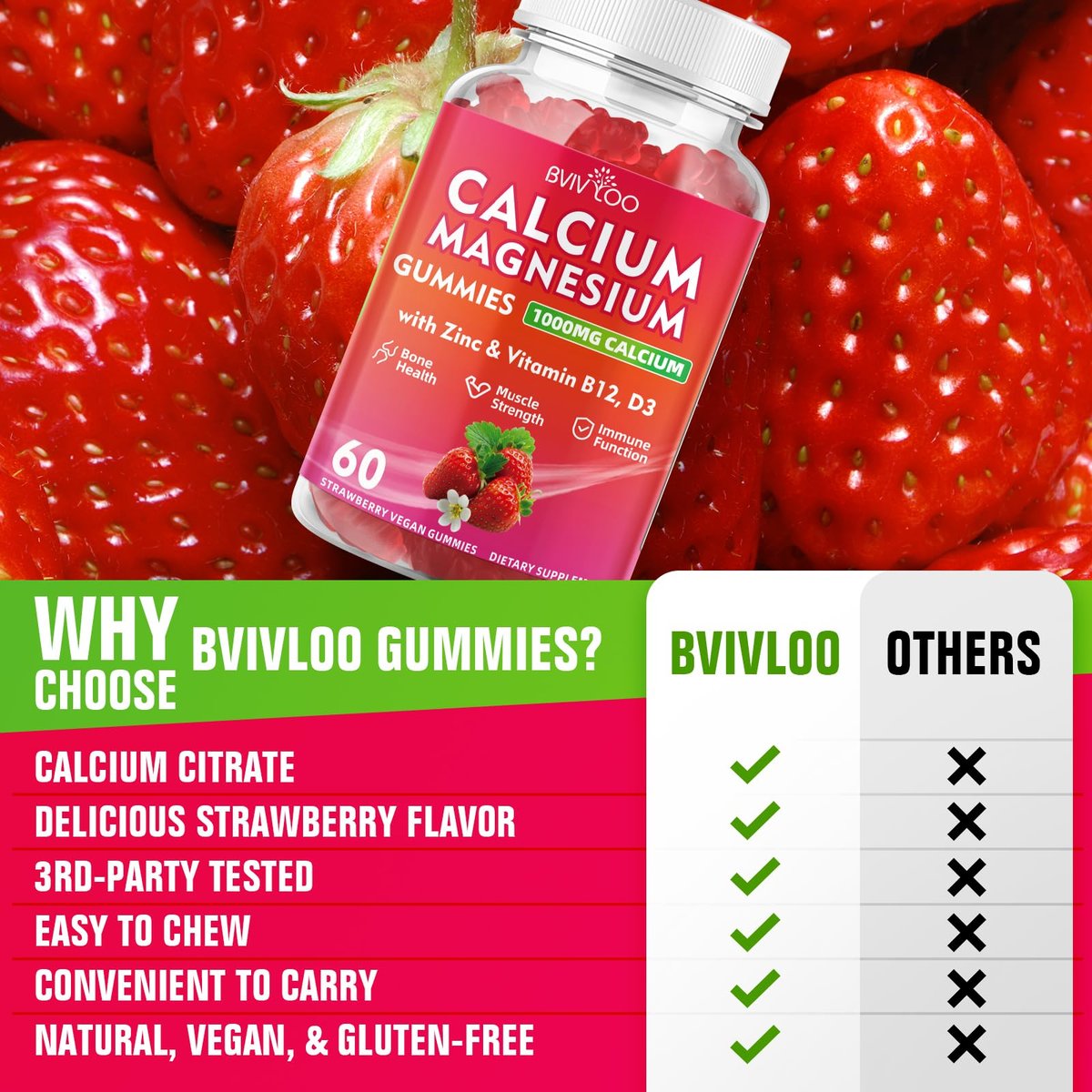 BVIVLOO Calcium Gummies 1000mg mit Vitamin D3 K2 & B-Komplex, Kalium, Calcium Magnesium Zink Gummies für Knochen, Muskeln, Stimmung und Immunsystem - Vegan, Nicht-GVO, Erdbeergeschmack 60 Stück