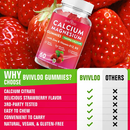 BVIVLOO Calcium Gummies 1000mg mit Vitamin D3 K2 & B-Komplex, Kalium, Calcium Magnesium Zink Gummies für Knochen, Muskeln, Stimmung und Immunsystem - Vegan, Nicht-GVO, Erdbeergeschmack 60 Stück