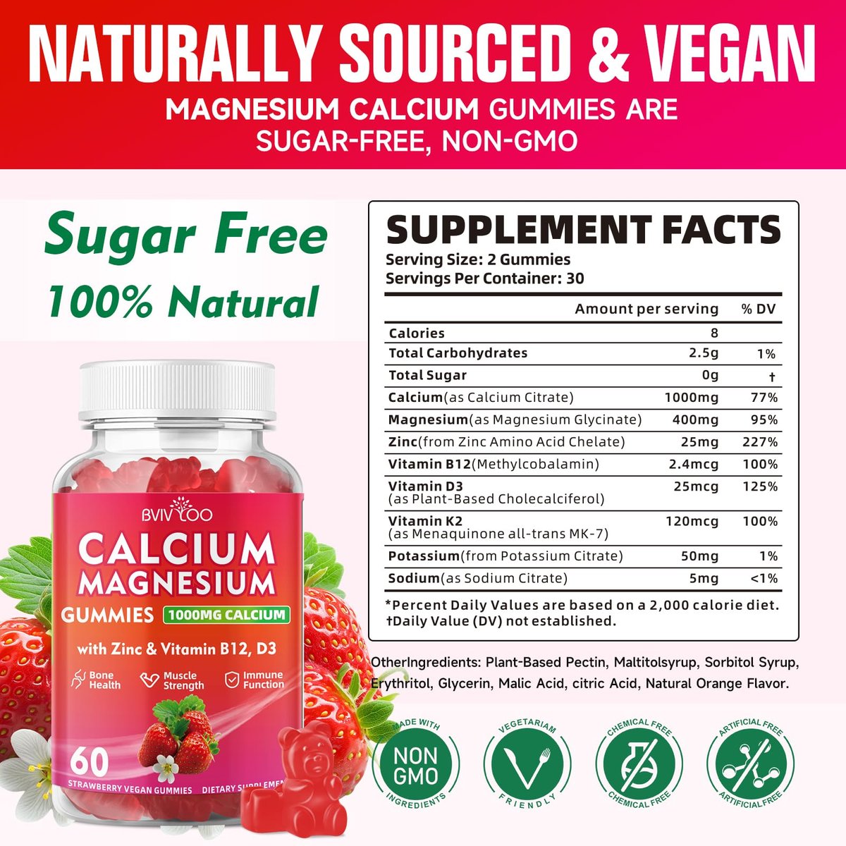 BVIVLOO Calcium Gummies 1000mg mit Vitamin D3 K2 & B-Komplex, Kalium, Calcium Magnesium Zink Gummies für Knochen, Muskeln, Stimmung und Immunsystem - Vegan, Nicht-GVO, Erdbeergeschmack 60 Stück