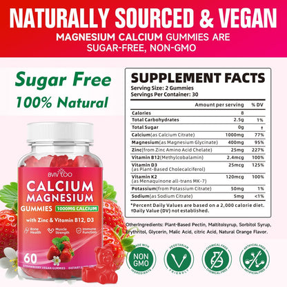 BVIVLOO Calcium Gummies 1000mg mit Vitamin D3 K2 & B-Komplex, Kalium, Calcium Magnesium Zink Gummies für Knochen, Muskeln, Stimmung und Immunsystem - Vegan, Nicht-GVO, Erdbeergeschmack 60 Stück